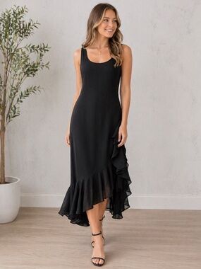 ABS Collection Elegant Black High-Low Ruffle Dress Size 6 Fitted w/ Back Zipper